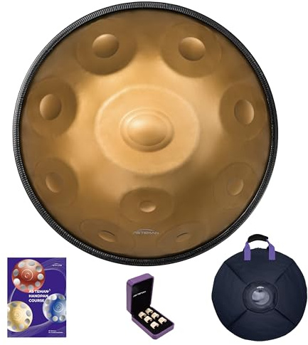 ASTEMAN D-Moll Handpan, 22 Zoll, mit 10 Noten, inklusive Rucksack, Kurs, Fingerpicks, Ständer, Reinigungstuch und zwei Schlägel. (Golden, 432hz)