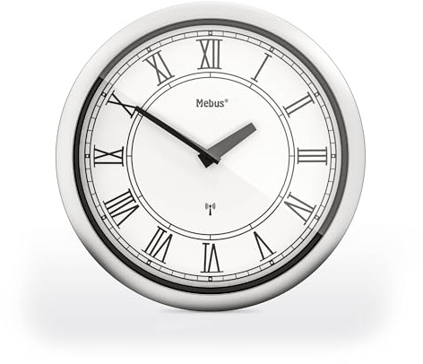 Mebus Funk-Wanduhr, 26 cm, lautlos, römische Ziffern, silberner Rahmen, weißes Zifferblatt, Modell 19811 - Klassisch und geräuschlos, Weiß