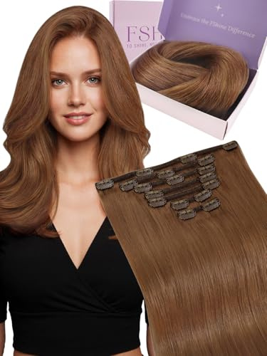Fshine Echthaar Extensions Clip Kupfer 60cm 120g Clip in Echthaar | Hair Extensions Clip in, Schnell einsetzbar, ohne zusätzliche Werkzeuge, Anfängerfreundlich, natürliche Haarintegration