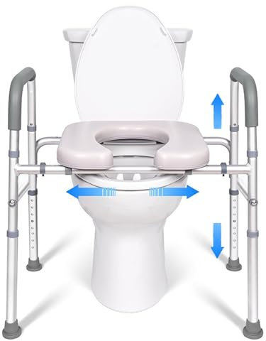 funrautz Raised Toilet Seat w/Safety Handle, Height & Width Adjustable, Non-Slip Toilet Riser Seat, Toilet Aid Support Frame for Elderly Senior & Disabled Adults, Toilet Satety Rail White