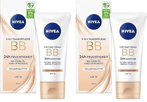 NIVEA 5 IN 1 Tagespflege BB 24h Feuchtigkeit LSF 15, getönte Tagescreme für helle Hauttypen, Gesichtscreme mit Bio Jojoba-Öl und Make-Up Pigmenten (Packung mit 2)