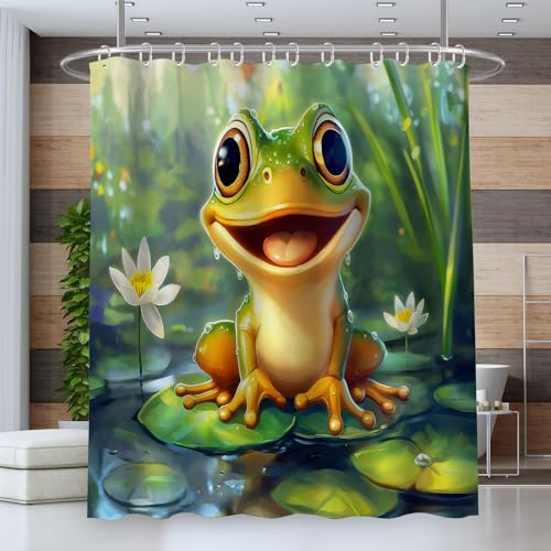 ANALTIRCE Duschvorhang Zeichentrick Tiere,Badevorhänge 180x180cm,Frosch Lotusblatt Shower Curtain für Badezimmer Badewanne,duschvorhänge Wasserdicht Schnell Trocknend,Badewannenvorhang mit 12 Hake