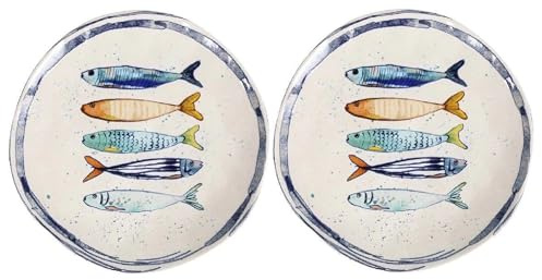 Assiettes au design méditerranéen avec motif de sardines | Assiettes de table maritimes (26 cm), assiettes à soupe (21 cm) ou assiettes à dessert (20 cm) en grès robuste, finition lisse (lot de 2