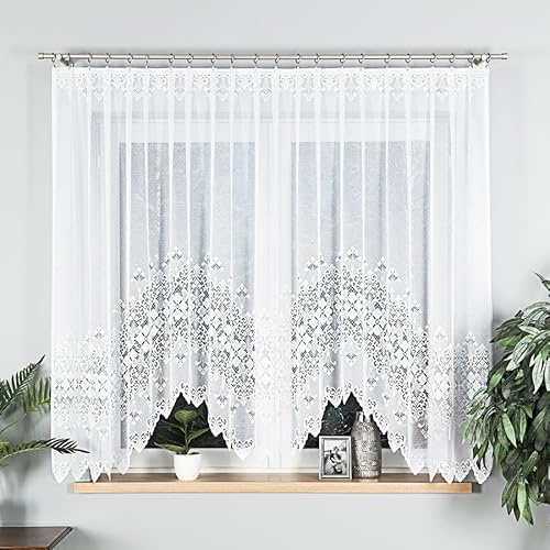 Gardinen Vorhangen Weiß 300x160 cm (BxH) Cruz Bogenstores Kurz Jacquard Scheibengardine Fertiggardine Küchengardinen Bogen Kurzstores Wohnzimmer