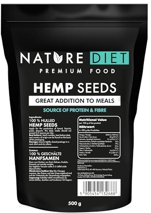 Nature Diet Semillas de Cáñamo Peladas, 500 g, Rico en Proteína | Rico en Ácidos Grasos, Veganas y Apto para Dieta Keto, Naturalmente Sin Gluten, Sin Aditivos