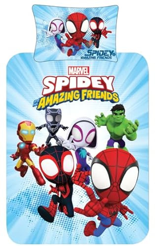 Set copripiumino per letto singolo, motivo Spidey e i suoi incredibili amici, in policotone, reversibile, motivo supereroe per bambini, biancheria da letto ufficiale Marvel (singolo)