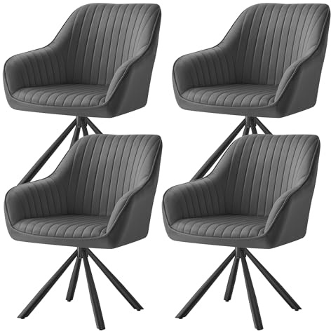 SONGMICS Esszimmerstuhl 4er Set, Küchenstuhl, Sessel drehbar, Samt, Polsterstuhl mit Armlehnen, bis 120 kg belastbar, Stahlbeine, für Esszimmer Küche, grau-tintenschwarz KDC161G14V1