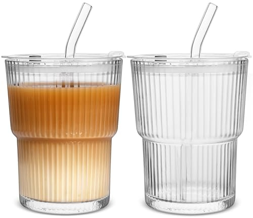 Wieat 2pcs 380ml Glass Tumblers with Lids and Glass Straws, Reusable Ribbed Glass Tumblers, Iced Coffee Cups for Whiskey Cocktail Beer, Cold Drinks, Smoothie, Juice