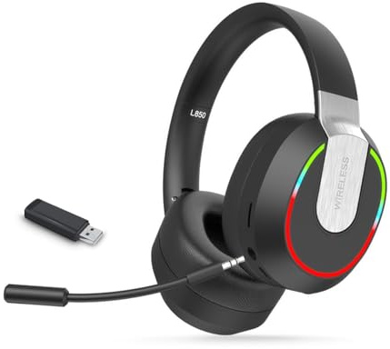 Boannice Casque Sans Fil Bluetooth à Réduction de Bruit - Avec Émetteur USB 2,4 GHz, Faible Latence, Microphone Amovible à Réduction de Bruit, Effets Lumineux RGB, Compatible avec les Jeux/PS5/PC/Xbox