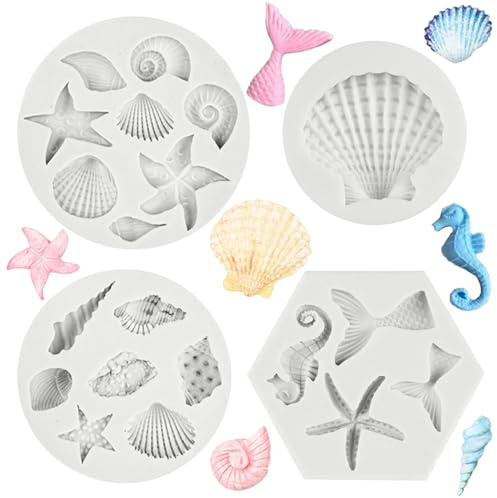 SYEYCW 4 Pièces Moule en Silicone Sur le Thème Marin, Moule Etoile de Mer Conque, Moule Coquillage Silicone, DIY Silicone Fondant, pour Décorations de Gâteaux, Chocolat, Gelée, Biscuits, Fondant