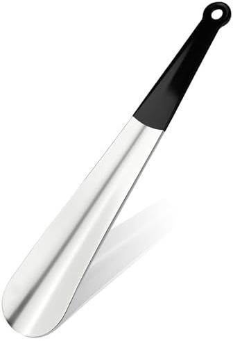 CDRPD 1 Pcs Calzascarpe Lungo Metallo 30cm,Calzascarpe in Acciaio Inox 1,8mm di spessore,Calzante per Scarpe Lungo con Impugnatura in Gomma,Calzascarpe Metallo Calzante,con Foro(Argento)