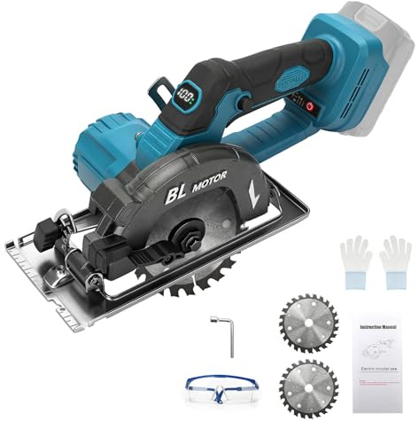 140 mm trådlös cirkelsåg kompatibel med Makita 18 V batteri (inget batteri), 6 000 varv/min 3 hastighet borstlös cirkelsåg med 0-45° avfasning, 51 mm skärdjup, digital skärm, 2 blad, handskar och