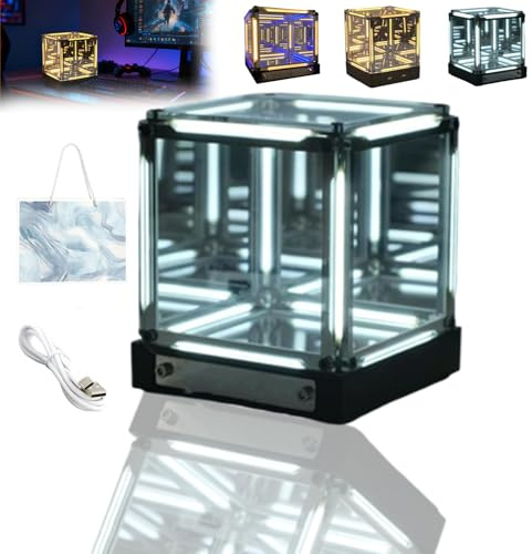 Infinite Space Abyss Lamp, Creative 4d Infinite Abyss Mirror Night Light with Touch Dimming, Rechargeable Fancy Leds Cube Touch Battery Night Light for Gaming Setup Futuristic Room Décorc (White)