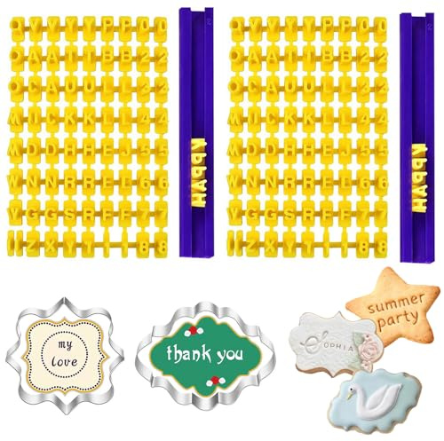 2 Set Alphabet & Number Cookie Press Stamps, with 2 Frame Cookie Cutters | Reusable Letter Stamps, for Clay Fondant Icing Biscuit Press DIY Moulds