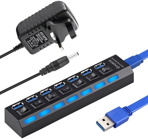 USB Hub Powered 7 Port Fast USB Data Hub with Individual Switches LED Indicator Light USB Extension Splitter with 5V 2A Power Adapter for Laptop Desktop MacBooks, 1 x USB 3.0 + 6 x USB 2.0 Ports