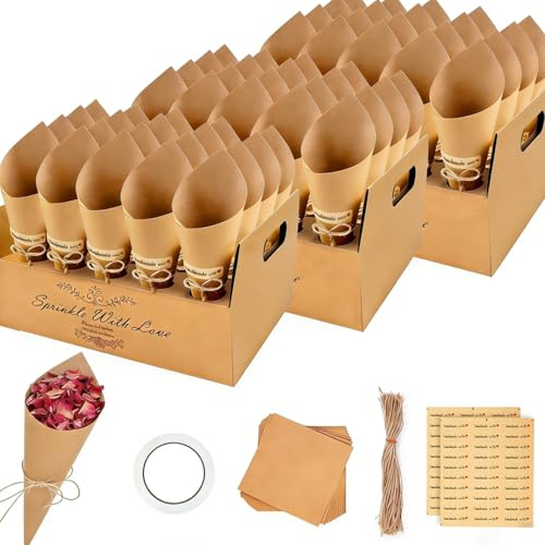 FINEVERNEK 60 Pcs Cornet Confettis Mariage, Cônes Confettis Mariage avec Porte-Confetti à Cônes Portable, Cornet en Papier pour Décoration de Fête
