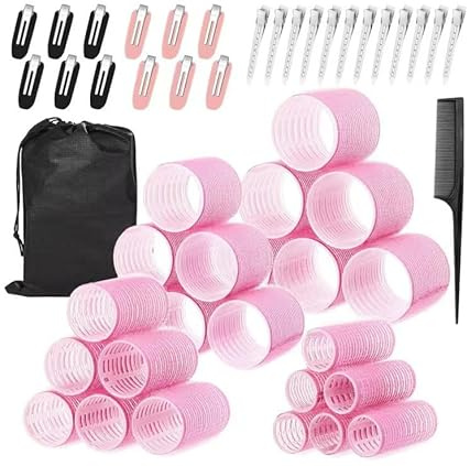 50 Pcs Hair Rollers for Women, Rollers Hair Curlers, 24 Pcs in 4 Sizes(60/48/36/25mm), Self Grip Hair Rollers Set with 24 Pcs Stainless Steel Clips for Long, Medium, Short, Storage Bag, Comb