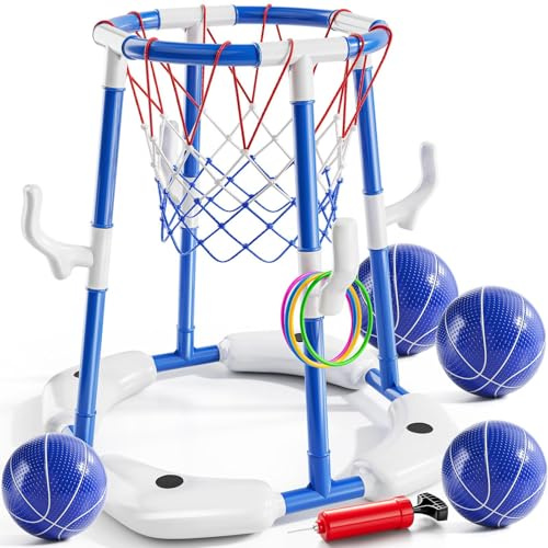 Canestro da basket per piscina, giocattolo galleggiante per piscina, con 4 palline, 12 anelli di lancio e pompa, giocattolo gonfiabile per piscina per feste estive, per bambini e adulti