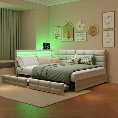 Polsterbett Schlafsofa 140x190 cm, Tagesbett L-Form Mit LED Beleuchtung, USB Und 2 Schubladens Stauraum, Daybett Jugendbett Kinderbett Einzelbett Bettgestell Mit Lattenrost, Leinen, Ohne Matratze