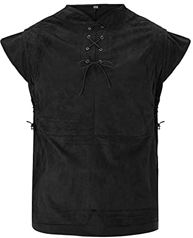 Generisch Gilet médiéval pour homme de la Renaissance, Victoria, Edwardien, Steampunk, vintage, gothique, aspect daim, viking, costume d'Halloween, chemise à lacets, col montant, haut