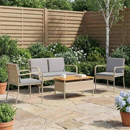 Ziaphsol trädgårdsmöbelset, beige poly-rotting med akaciatbord, väderbeständigt loungeset för terrass, balkong, trädgård, utomhus, matgrupp med avtagbar kudde och robust stålram