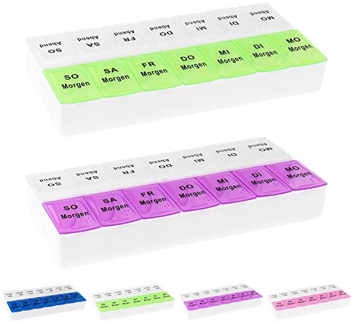2x WELLGRO® Tablettenbox für 7 Tage - je 2 Fächer pro Tag, 18,5 x 9,5 x 3,5 cm (LxBxH) - Farbe wählbar, Farbe:Grün/Lila