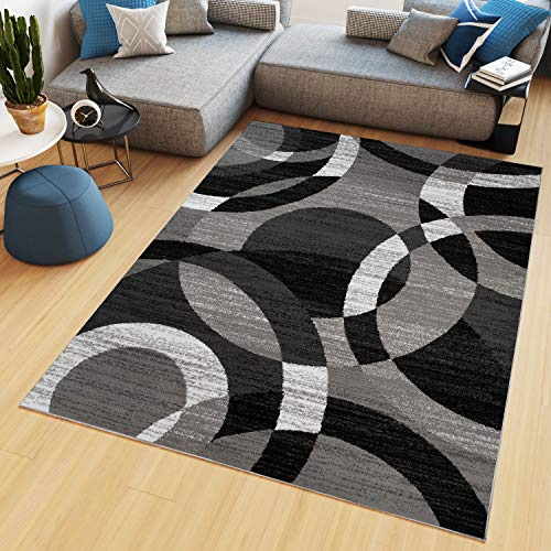 TAPISO Maya Teppich Kurzflor Modern Kreise Streifen Design Schwarz Grau Weiß Meliert Wohnzimmer Schlafzimmer Büro ÖKOTEX 160 x 230 cm