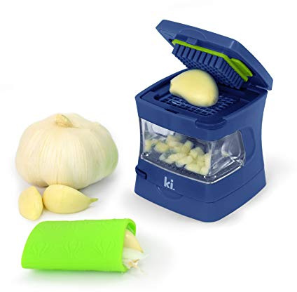 Kitchen Innovations Garlic-A-Peel Garlic Press, Crusher, Cutter, Mincer, and Storage Container - Includes Silicone Garlic Peeler - Easy to Clean - Stainless Steel Blades – (Blue), standard
