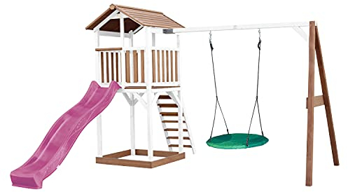 AXI Beach Tower Spielturm aus Holz in Braun & Weiß | Spielhaus für Kinder mit lila Rutsche, Nestschaukel und Sandkasten | Stelzenhaus für den Garten