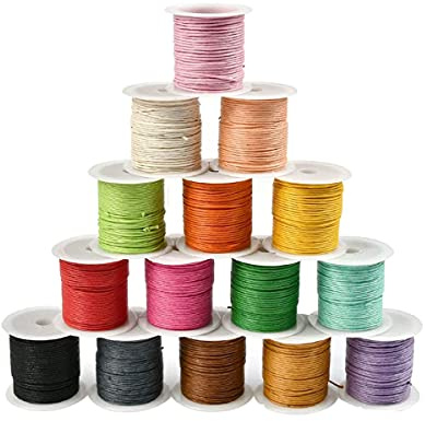 DARENYI 15 Pezzi Filo Cotone Cerato,1mm Filo Cerato per Bracciali per DIY Creazione di Gioielli, Cavigliere, Perline, Collane, Artigianato