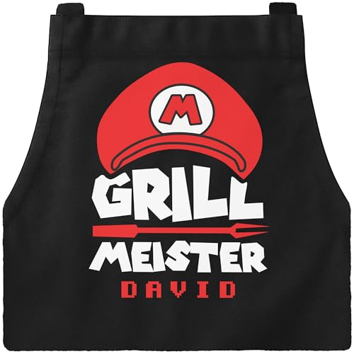 MoonWorks® Grill-Schürze für Männer mit Name Grillmeister Super-Griller Parodie Videospiel-Figur lustig