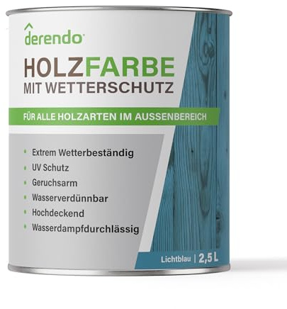 derendo Holzfarbe RAL 5012 außen wetterfest Wetterschutzfarbe Blau 2,5l | Langzeitschutz, Holzlack Lichtblau seidenglänzend , Holzschutzlasur hohe Deckkraft, Außenbereich