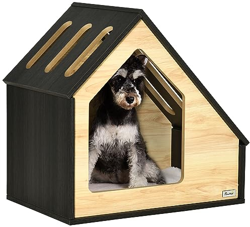 Pawhut Hundehütte aus Holz Indoor Katzenhöhle Katzenhaus Hundeschlafplatz mit Kissen Hundehaus Hundehöhle mit schrägem Dach für kleine Hunde bis 8 kg 60 x 40 x 59,2 cm