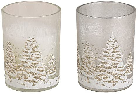 2er Set Kerzen im Glas/Windlichter WINTERWALD – Weiß & Silber mit Glitzer – Höhe 10 cm Ø 8 cm – Weihnachtsdeko Kerze im Glas – ca. 20 Std. Brenndauer – Glas & Wachs