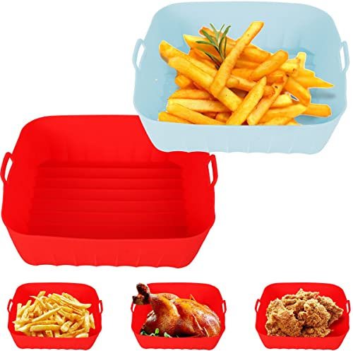 JTWEB 2Pcs Air Fryer Silicone Pot with Handle Reusable Air Fryer Liner Heat Resistant Air Fryer Silicone Basket Rectangle Baking Pan Air Fryer Accessories Liners for Air Fryer Oven Microwave
