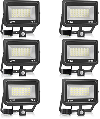 bapro 6x Foco LED 50W con detector de movimiento, foco LED Superhell, foco LED 3000K, foco LED exterior estanco IP65, lámpara LED exterior para jardín, patio, garaje, hotel
