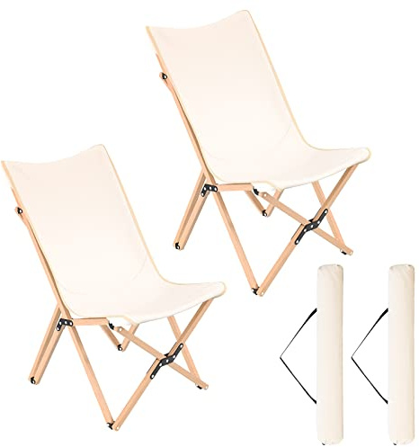 Giantex Camping Chairs 2 Pack, Folding Beach Chairs for 330lbs, Outdoor Butterfly Chair, Portable Lawn Chairs for Picnic Fishing Hiking Mountaineering, Lightweight Bamboo Frame No Assembly (Beige)