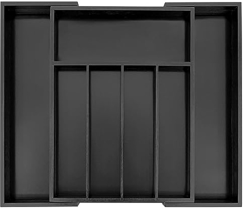 VaeFae Organizador de cubiertos para cajones de bambú, organizador de cubiertos de madera ajustable, organizador de cajones de cocina, inserto de cubiertos para cucharas, tenedores, cuchillos (negro)