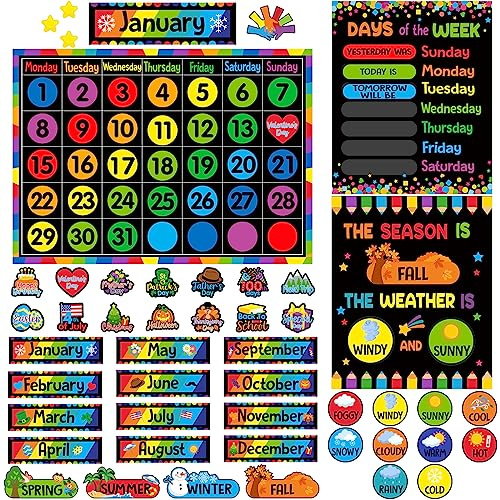 Tenare Classroom Calendar Bulletin Board Set Calendar Seasons Weather Chart Bulletin Board and Colorful Classroom Display with Stickers for Elementary Bedroom Wall Decoration