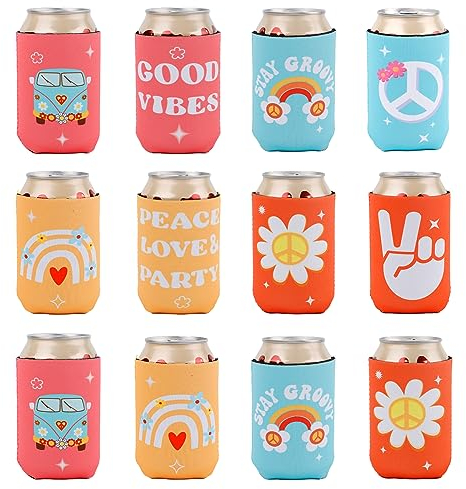 12uds Manga para Latas para Enfriador de Latas, Despedida de Soltera Retro Fundas para Enfriador de Latas de Cerveza Fundas para Latas para Bebidas Frías Refrescos Fiestas Hippie (4 Estilos)