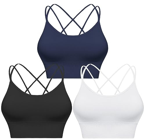 Sykooria Sport-BH dam, vadderad bustier, dambehå utan bygel, spagettiband, korsad rygg, design, push up bh, sportbh, topp för yoga, fitness, A-svart + vit + mörkblå, S