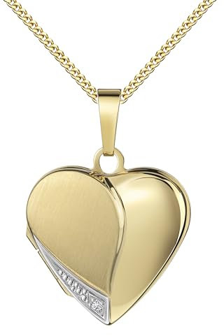 JEVELION Fotomedaillon Gold Medaillon Anhänger 333 Gold 8 Karat Herz-Amulett für 2 Bilder zum Öffnen + Halskette Mit Medaillonkette 925 Silber vergoldet - Kettenlänge 60 cm.