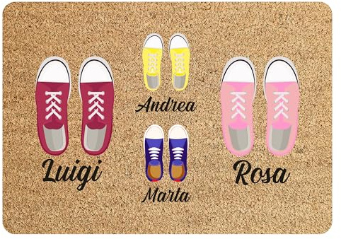 Colorfamily Tappeto Zerbino personalizzato con nome Famiglia 2 figli Scarpe Ingresso Casa 60x40 cm