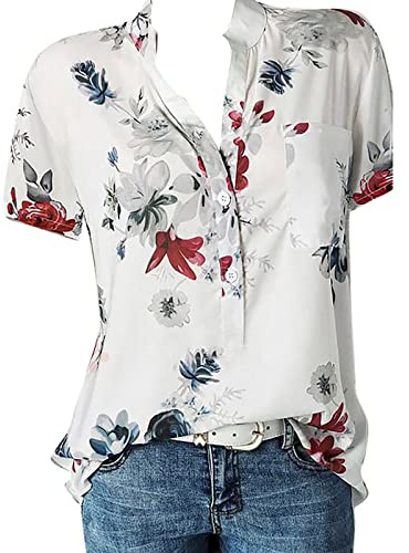 T-Shirt für Damen, Stillbluse mit Druck, große Größen, für Damen, Bluse mit Tasche, einfache Ärmel, kurze Bluse für Damen, Woll-T-Shirts für Damen, weiß, Small