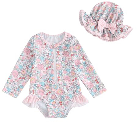 HodJIU - Traje de baño para bebé, niña, antiUV, manga larga, estampado para piscina, natación, playa y sombrero de sol