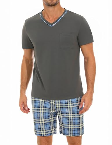 Ensemble Pyjama Homme Été Demegimi - Chemise col V Manches Courtes en Coton, Pijamas Estival (Gris+Bleu, XL)