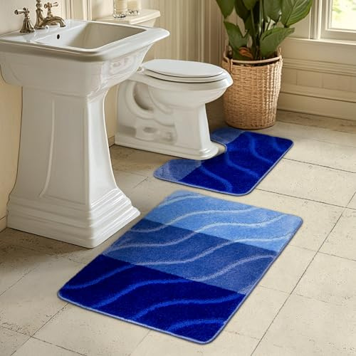 AKCILA Fiori Bad Teppich Blau, 2-teiliges Set Badezimmerteppich, Badematte bunt, Bad Vorleger waschbar, Rechteckig Badewanne rutschfest, Badematten & Badteppiche, Bathroom Rug, Badezimmer Teppiche