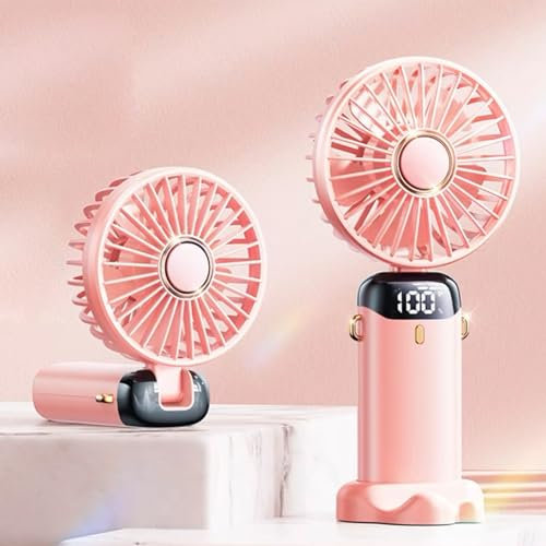ToeWoe Ventilador de Mano Recargable Por USB Pequeño Ventilador de Mesa Plegable con Pantalla LED 5 Velocidades Ventilador de Cuello Colgante Esenciales de Viaje para Exteriores(Rosa)