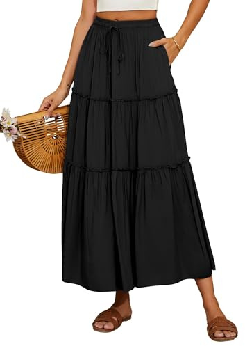 Timuspo Women Black Maxi Skirts Bohemia Midi A Line Hippie Summer Beach Vacation Skirt with 2 Pockets Elasticated Waist L