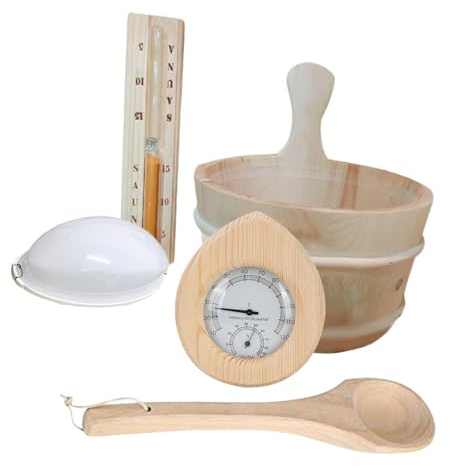 Fenteer Kit Secchio E Mestolo in Legno per Sauna, Termometro, Set di Accessori per Sauna